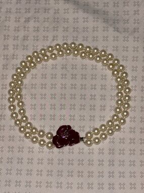 Classic Ivory Pearl Double-Strand Necklace with Burgundy Flower Clasp